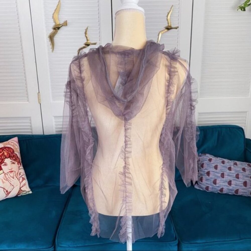 POL | Festival 3/4 Wide Sleeve Sheer Mesh Top Ruffle Hood Tassel Lavender Small - Picture 12 of 15